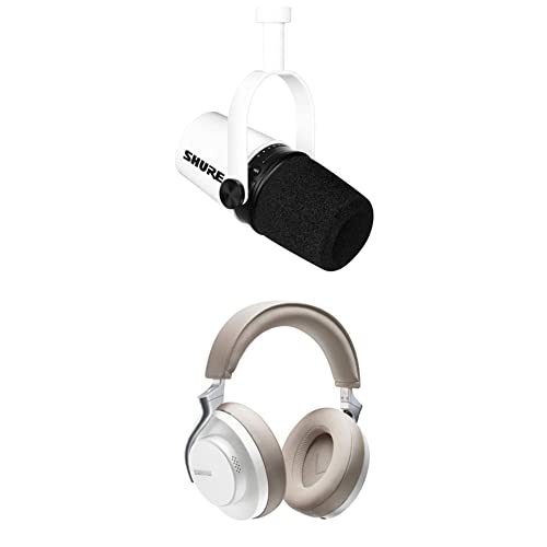 Shure MV7 USB/XLR Dynamisches Mikrofon + AONIC 50 Kopfhörer für Podcasting, Aufnahme, Streaming und Gaming, eingebauter Kopfhörerausgang, Sprachisolationstechnologie – Weiß/Weiß
