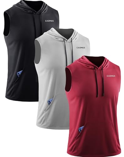 Cadmus Men's Gym Vest Sports Tank Tops Sleeveless Hooded Athletic Training Bodybuilding Fitness Muscle T Shirts with Pockets,93,3 Pack,Black/Grey/Red,M