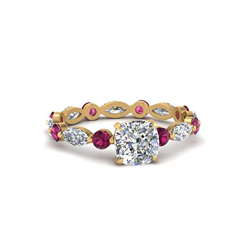Image of 55Carat Choose Your Gemstone Marquise and Round Eternity Engagement Ring Yellow Gold Plated Cushion Shape Side Stone Engagement Rings Lightweight Office Wear Everyday Gift Jewelry US Size 4 to 12