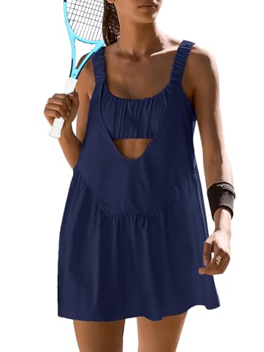 Sexyasasii Tennisjurk voor dames, met ingebouwde shorts en beha, mouwloos, casual, rugvrij, golfjurk, atletische jurk met zakken, Donkerblauw, XS