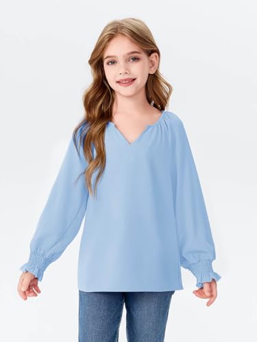 Haloumoning Girls Shirts Long Sleeve V Neck Chiffon Tops Cute Blouses Tops 5-14 Years3