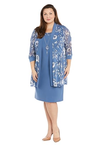 Image of R&M Richards Women's Sheath Dress W /Floral Print Sheer Jacket & Detachable Necklace | Elegant 2-Piece Formal Ensemble