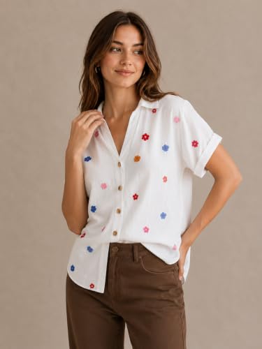 Image of Women's Floral Embroidered Shirt | Elegant Short Sleeve Shirts for Casual & Office Wear | Stylish Summer Button-Down Shirt for Girls & Women