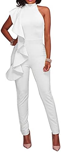 Engood Women's Sexy Ruffle Strapless High Waist Clubwear Long Wide Leg Pants Jumpsuit Rompers White S