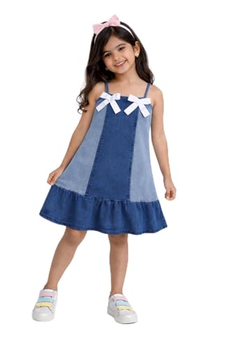 Image of Dresses for Kids Girls, Stylish Knee Length Once Piece Denim Frocks for Girls, Casual Dress for Summer & Birthday Family Gathering & Special Occasion