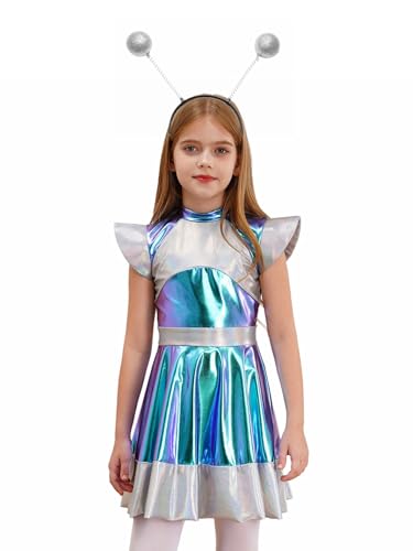 Manyakai Vestido de Galaxia Monada con Aro de Pelo Alienígena para Niñas Holográfico Brillante Vestido de Espacio Exterior Disfraz de Cadete Espacial Marciano 5-16 Años A Plateado 5-6 años