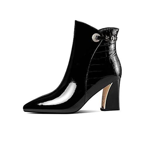 TinaCus Glossy Patent Leather Women's Handmade Chunky Heel Pointed Toe Side zip Up Ankle Booties with Exquisite Buckle Decor2