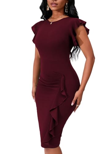 Image of PerZeal Women's 2026 Flutter Sleeve Bodycon Midi Dress Sexy Crew Neck Knit Ruffle Wear to Work Cocktail Party Pencil Dresses