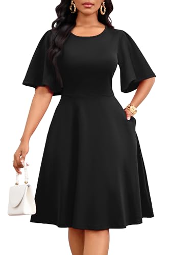 Nmoder Women Ruffle Flared Sleeve Prom Holiday A-Line Midi Dress Black