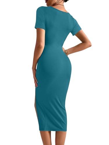 Image of Rooscier Women's Twist Cutout Waist Split Crewneck Short Sleeve Bodycon Midi Dress