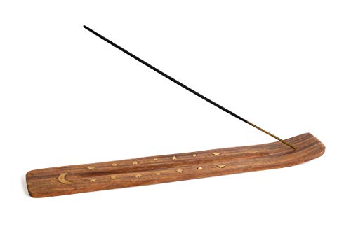 Wooden Incense Holder for Sticks with Inlays of Brass Crescent Moon 10 inches Long