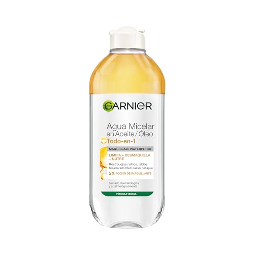 Garnier Skin Active Agua Micelar En Aceite, Elimina El Maquillaje De Larga Duración Y Waterproof, Desmaquilla, Limpia Y Nutre Labios, Ojos Y Rostro, Sin Acabado Graso 400ml