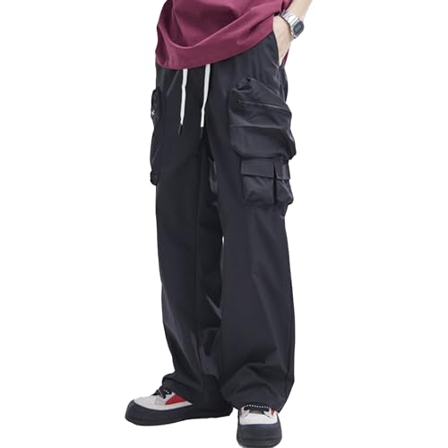 XYXIONGMAO Men's Multi-Pocket Black Techwear Cargo Pants Streetwear Zipper Elastic Waist Casual Baggy Sweatpants for Men