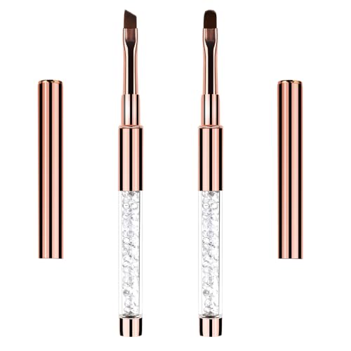 2Pcs Oval & Angled UV Gel Nail Brush Nail Art Clean Up Brush Rhinestone Handle Nails Art Design Brushes Drawing Pen Gel Brushes for Nails