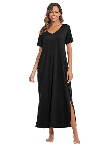 Marvmys Women Short Sleeve Nightgown Cotton Long Nightshirts with Pocket3