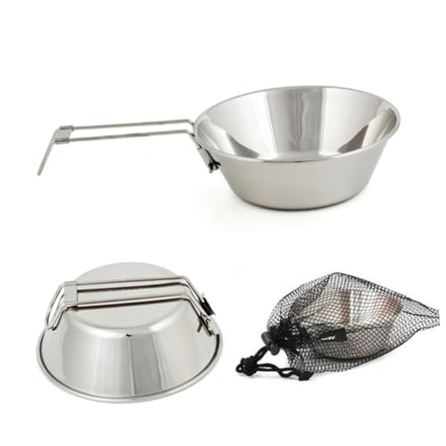 GOOHOCHY 1pc Folding Camping Bowl with Handle Collapsible Stainless Steel Bowl for Outdoor Hiking Picnic