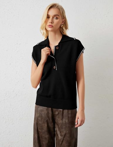 Image of MISSACTIVER Women Casual Button Down Lapel Collar Sweater Vest Sleeveless Knit Loose Fit Stripe Trim Pullover Tank Tops(Medium,Black)