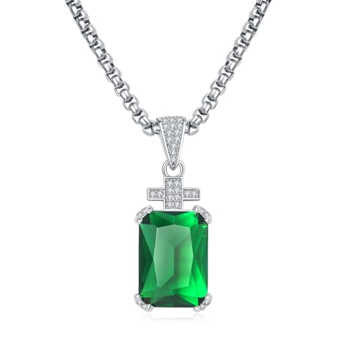 YAMI Collar para hombre, color verde esmeralda creado de 13 x 18 mm, circonita de cristal de corte esmeralda, colgante de cruz con cadena de acero inoxidable de 61 cm, regalo de joyería para