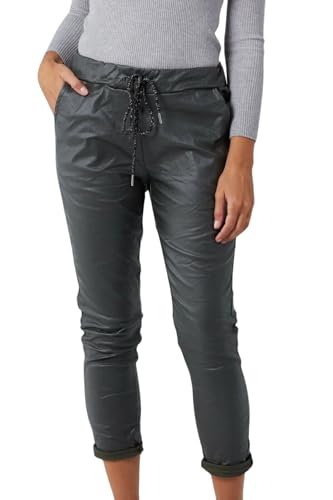 STAR FASHION Women's Wet Leather Look Italian Joggers Sweatpants Elastic Waist Active Yoga Pants Turn Up Faux Leather Magic Pants Jogging Bottoms Ladies Casual Jogger Hoop Trouser Grey-12-14
