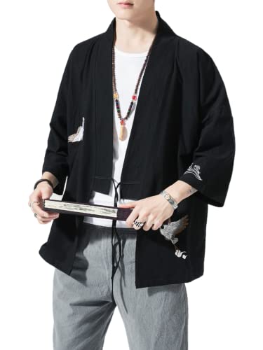 Image of Men's Japanese Kimono Cardigan Loose Cotton Linen 3 /4 Sleeve Open Front Casual Summer Shirt Jackets