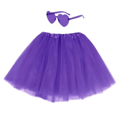 Womens Tulle Skirt Elastic Waist Tutu Skirts Tutus Skirts and Heart Sunglasses for Women (Deep Purple)