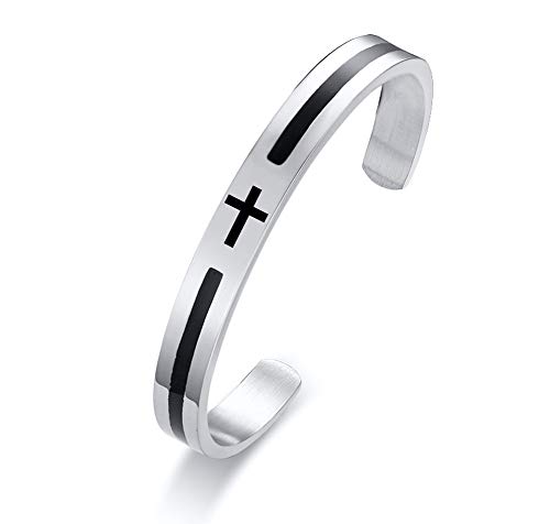 Hisatan Stainless Steel Religious Faith Christian Cross Symbol Cuff Bracelet for Men,Gift for Father's day Christmas Birthday,8"