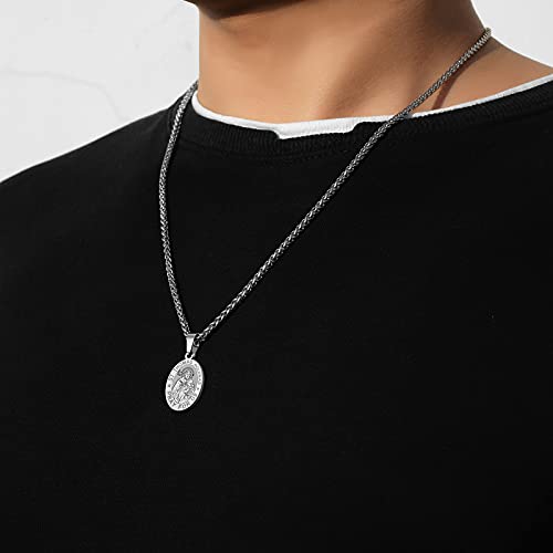 P. BLAKE Oval Saint Christopher/Michael/Joseph/Jude/Virgin Mary/Joseph/Francis/Patrick/Anthony/Benedict/Thomas Necklace for Men Women, Stainless Steel Catholic Patron Pendant with Chain 24 Inches