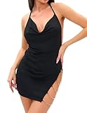 Womens Mini Dress Sexy Bodycon for Party Going Out Cocktail Halter Backless Club Dresses Short Tube Dresses Open Back Cowl Neck High Slit Hem with 5 Chains Clubwear Black