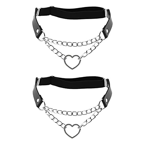 alisikee 2PCs Adjustable Leg Garter with Silver Chains, Elastic Heart Thigh Garters Belt for Women, Black Cover
