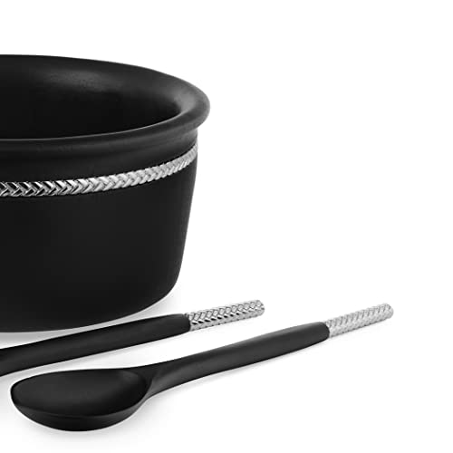 Nambe Braid Noir Round Wooden Salad Bowl With Servers | 11 In X 5.5 In | Made With Acacia Wood And Chrome Plating | Large Serving Bowl | Designed By Sean O’hara #TOP1