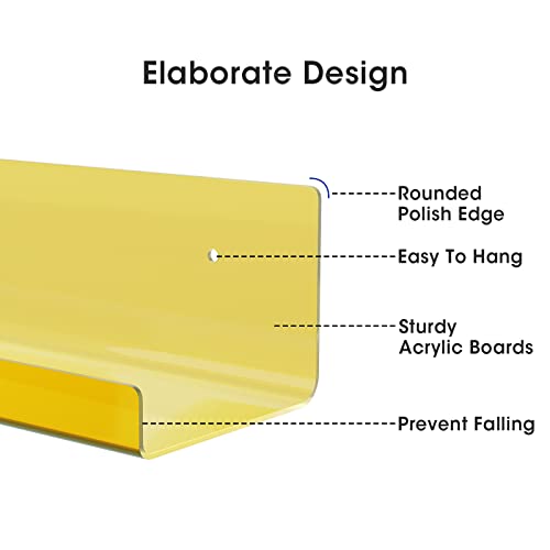 Rrg 15 Inch Acrylic Floating Shelves, 2 Pack Kids Floating Bookshelf Wall Mounted Display Shelf For Books, Kids Room, Nursery, Bedroom, Bathroom, Living Room (Yellow) #TOP5