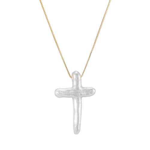 Iutymu White Pearl Cross Necklace Gold Filled Sterling Silver Box Chain Freshwater Pearl Cross Pendant Necklace Minimalist Cross Jewelry (Gold Gig)