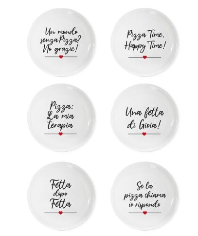 Tata Home Set 6 Piatti per Pizza Grandi con Decorazioni Scritte e Frasi Moderni in Porcellana Mod. Happy Shabby