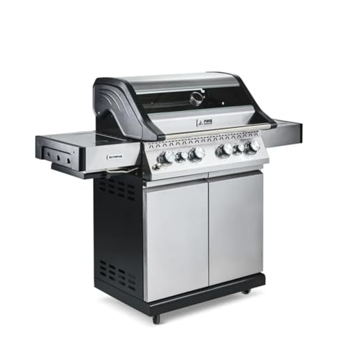 Fire Mountain Olympus Burner Gas BBQ Stainless Steel with Searing Side Burner Glass Viewing Lid and Cover Extra Large Outdoor Barbecue for Garden Patio (SSG Black 6)
