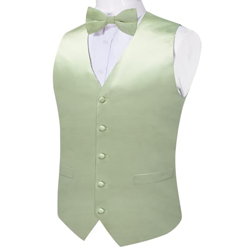 DiBanGu Mens Satin Vest and Bowtie Lapel Pin Set for Suit or Tuxedo,Solid Dress Waistcoat & Pre-tied Bowtie for Wedding Party, Sage Green, Medium4