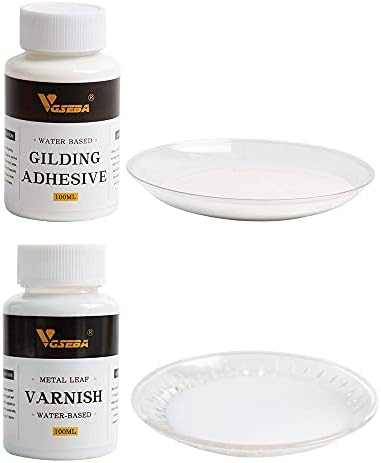 Gold Leaf Gilding Adhesive Set, 100ml Water Based Metal Leaf Glue and 100ml Varnish for Craft, Arts Use (200ml + 2 Brushes + 2 Gloves)