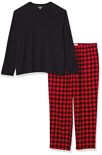 Amazon Essentials Conjunto de Pijama con Pantalón de Franela y Camiseta de Manga Larga Hombre, Negro Rojo Cuadros de Vichy Grandes, XL