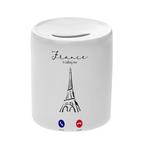 Tirelire Céramique Blanche - France is Calling Me Eiffel Tower Paris Travel - Boîte à Monnaie avec Bouchon Décoration Chambre Imprimé en France