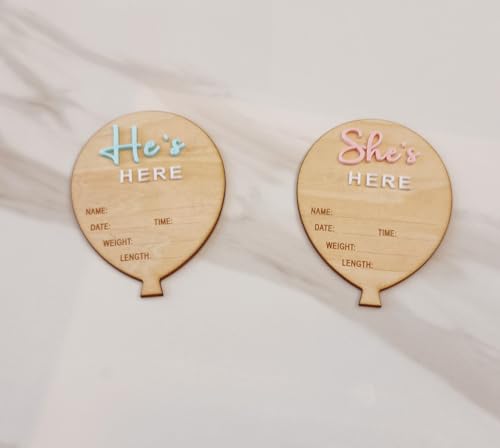Image of YongPan She's Here or He's Here Newborn announcement,Wooden Balloon-Shaped Birth Stat Plaques,Baby Announcement Signs for Newborns (Hot Balloon)