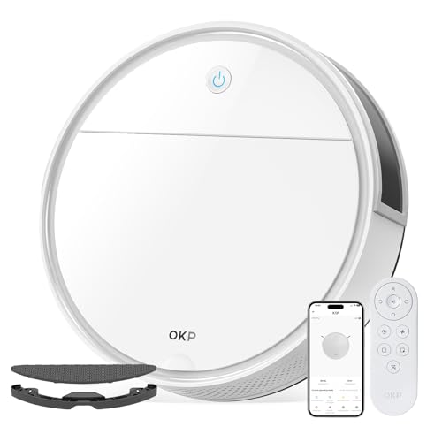 OKP K5Pro Aspirateur Robot avec Télécommande, 5000Pa, 180 Minutes, 7,7cm Ultra-Fin, 4 Modes de Nettoyage, Anti-Enchevêtrement, Idéal pour Poils...