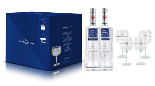 Martin Miller's Genebra - pacote para presente: 2 garrafas de 70 cl 4 copos exclusivos | para Gin Tonic e coquetéis sofisticados