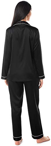 Satini Pajamas Long Sleeve Button Down Set Satin Sleepwear Nightwear Loungewear (Black, Small) #TOP2
