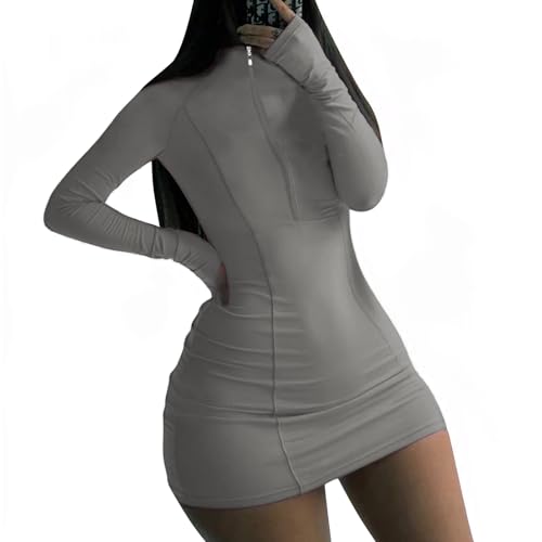 Image of Front Zipper Bodycon Dress Party Long-Sleeve Club Dresses