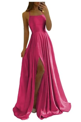 Image of Women Long Formal Dress Solid Satin Spaghetti Straps A Line Evening Cocktail Dresses with Slit