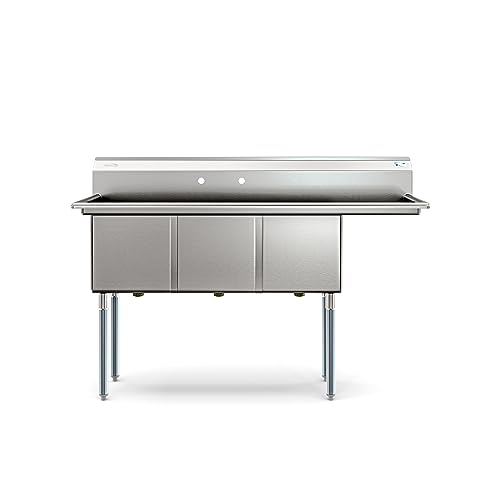 Image of KoolMore 63 in. Three Compartment 16-Gauge Stainless-Steel NSF Commercial Kitchen Sink, Bowl Size 15x15x14, with Three Basins for Restaurants and Cafes with Right Drainboard (KM-SC151514-15R316)