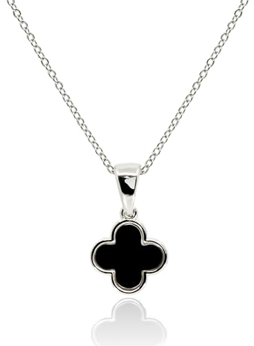MUSEQVE Black Four Leaf Clover Necklace for Women Rhodium Silver Plated Dainty Onyx Stone Pendant Charm No Tarnish Jewelry Lucky Gifts [CVRN-BK-S]