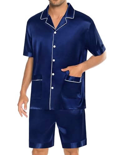 SWOMOG Mens Silk Pajama Set 2 Pieces Short Sleeve Soft Satin Sleepwear Button Down Pj2