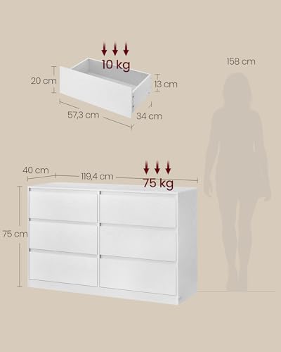 VASAGLE Kommode mit 6 Schubladen, Komodenschrank, Schubladenschrank, Wäschekommode, für Schlafzimmer, 40 x 119,4 x 75 cm, Modern Kailyn Kollektion, schneeweiß LTS616W01