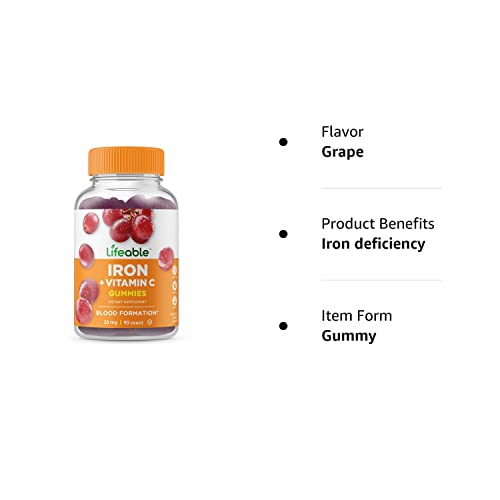 Lifeable Iron Gummies With Vitamin C - 20 Mg - Great Tasting Natural Flavor Gummy Supplement - Gluten Free Vegetarian Gmo-Free Chewable - For Iron Deficiency - For Adults, Men, Women - 90 Gummies #TOP6