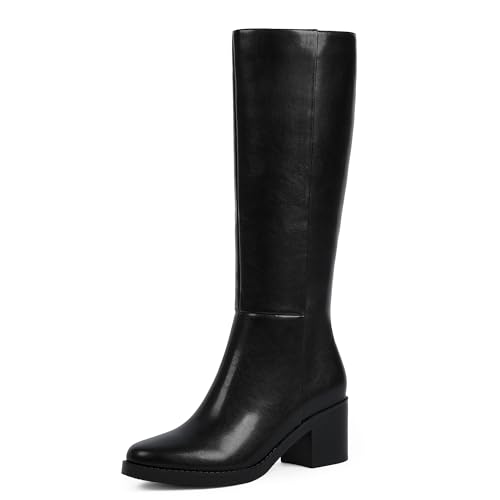 Easyfox Black Boots for Women Low Heeled Leather Knee High Boots Chunky Heel Tall Long Boot Round Toe Dress Block Heel Calf High Boot 2025 Size 8